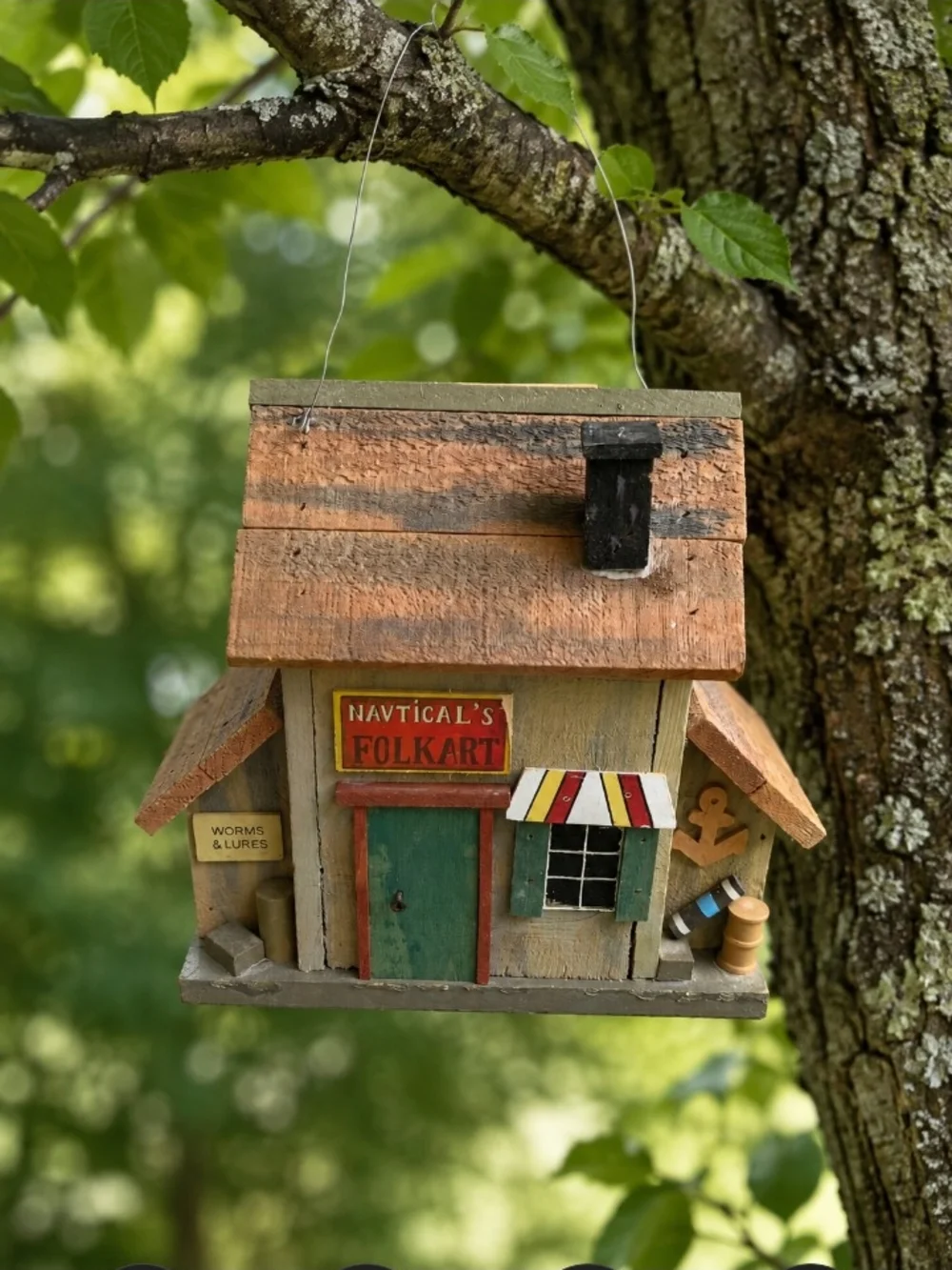Handcrafted Bait Shop Bird Feeder - Double Sided Natural Wood and Design